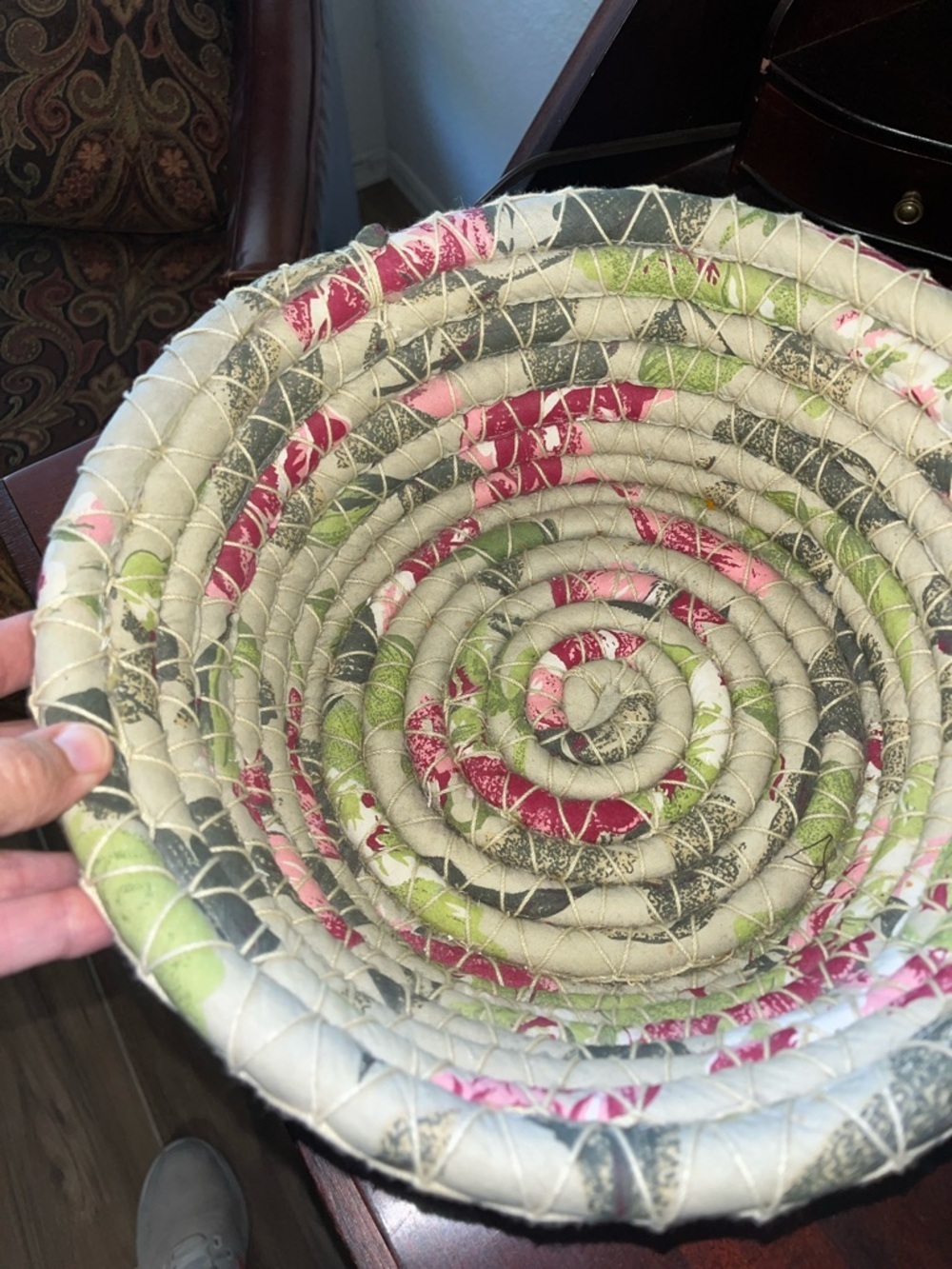 Handcrafted Fabric Coil Bowl in Pink and Green - Picture 9 of 9